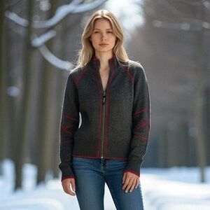 Athleta Wool Blend Full Zip Mock Neck Cropped Ski Cardigan, Grey & Red Stitching